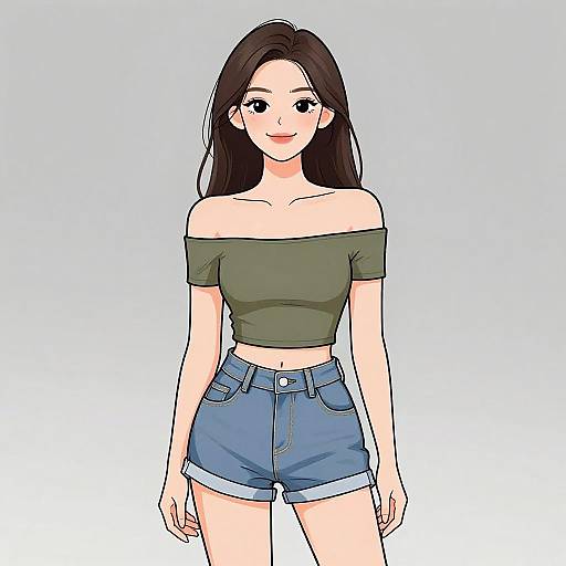Digital anime-style drawing of a smiling young woman with long black hair, green off-shoulder top, and blue high-waisted shorts.