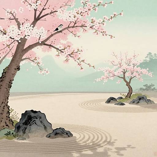 Digital illustration of a serene cherry blossom tree with pink flowers, a black bird perched on a branch, beside calm water with ripples and scattered rocks