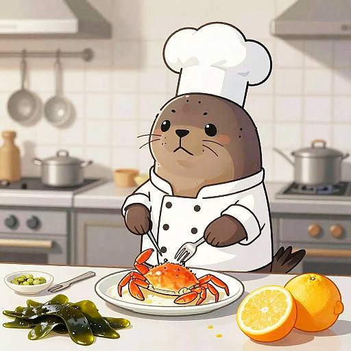 Whimsical Cartoon Seal Chef Cooking