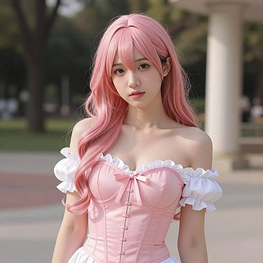 Young Woman in Pink Peach Cosplay Outfit