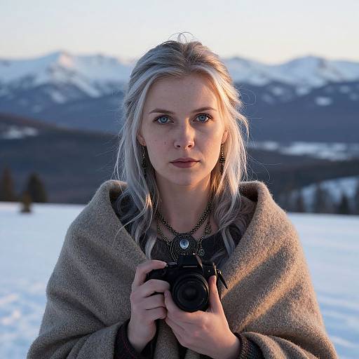 Photograph of a blonde woman with fair skin, blue eyes, and wearing a brown wool cloak, holding a camera in a snowy mountain landscape at sunset
