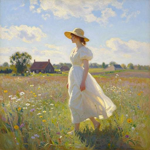 Photograph-style digital painting of a fair-skinned woman in a flowing yellow dress and sunhat, walking through a sunlit, flower-filled meadow
