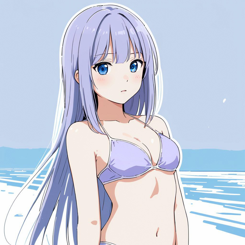 Shy Anime Girl in Light Purple Bikini