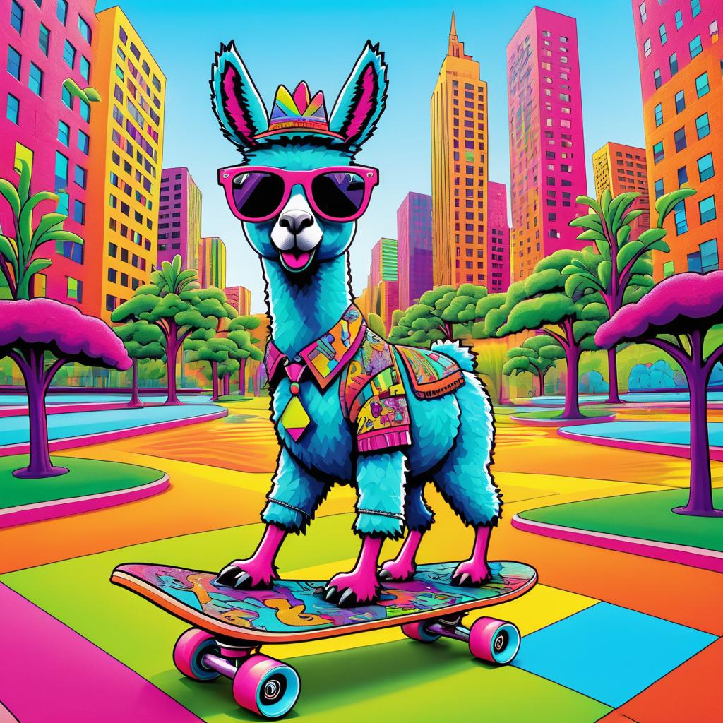 Whimsical Llama Skateboarding in Colorful Park