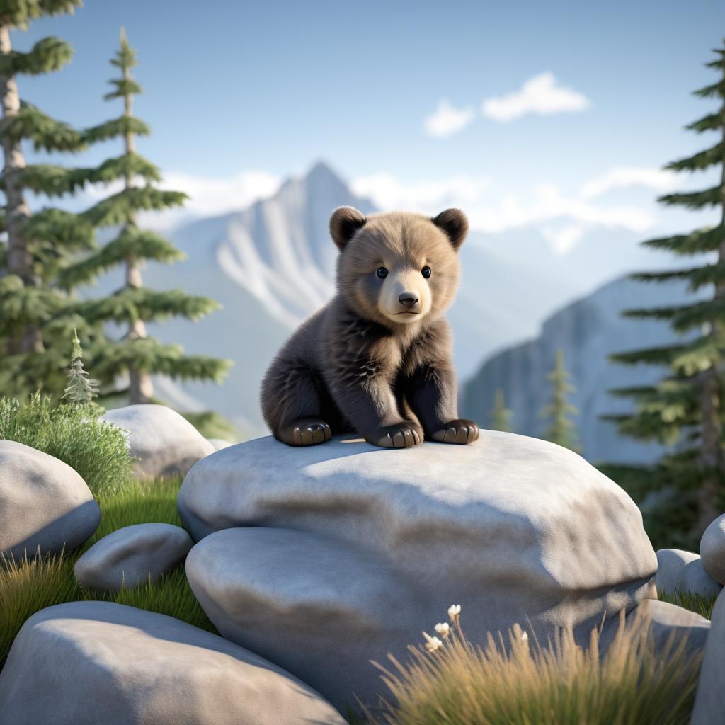 Photorealistic Baby Bear Cub in Mountains