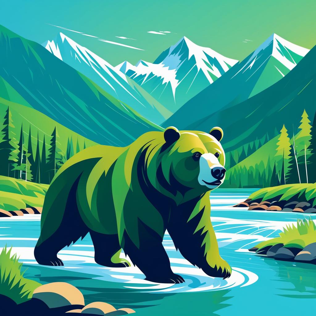 Vector Bear Fishing in Serene Landscape