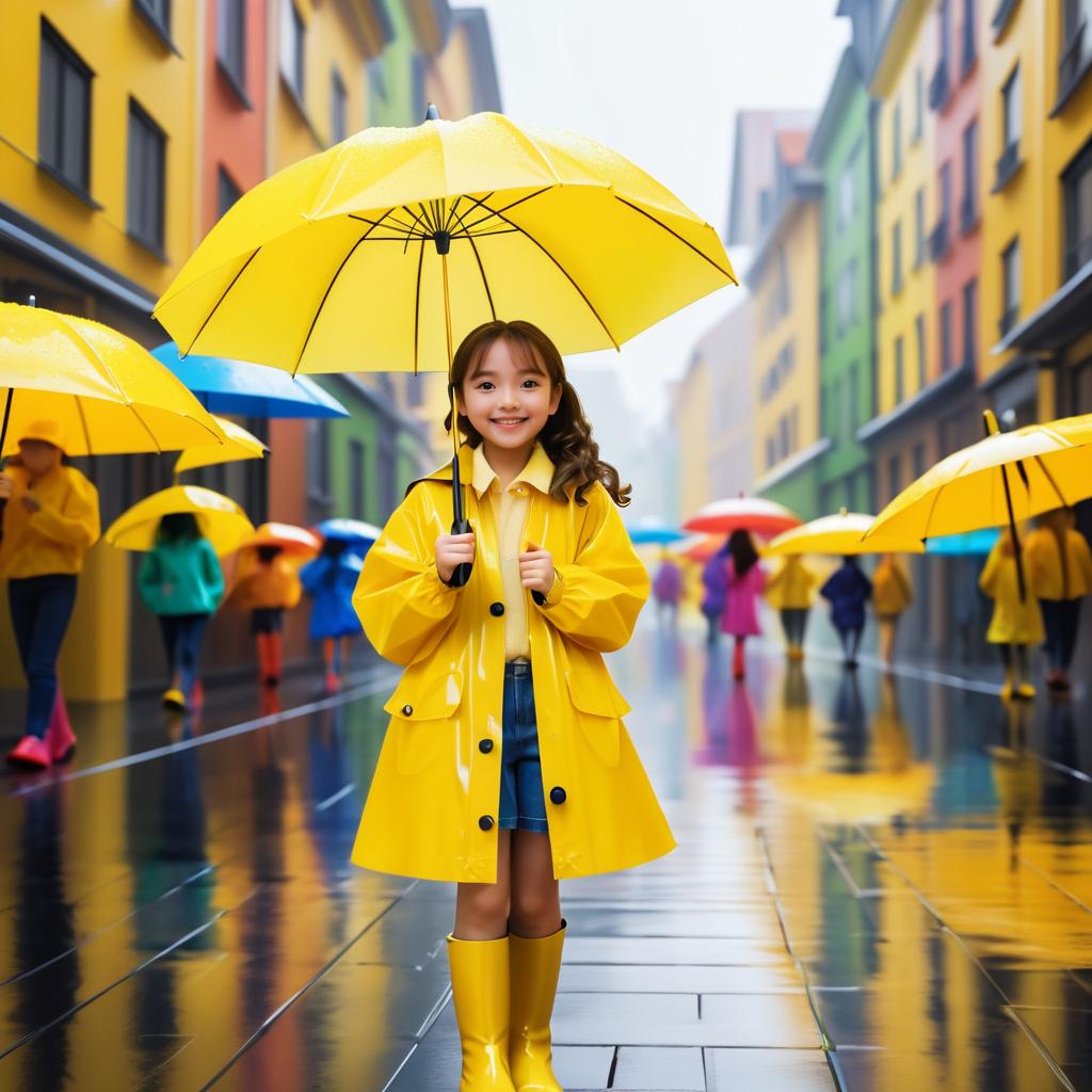 Joyful Pixar Girl in Rainy City