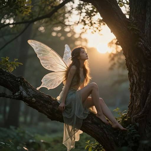 Photograph of a fairy with translucent wings, long brown hair, and a flowing gray dress, sitting on a tree branch at sunset in a forest.