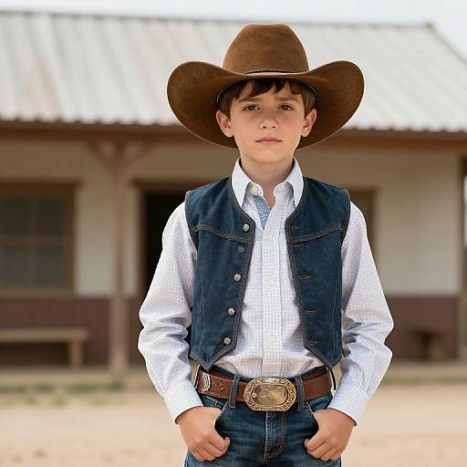 Photograph of a young boy in a brown cowboy hat, white shirt, denim vest, and belt, standing in front of a rustic building.