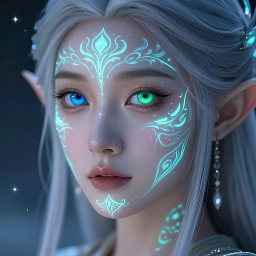 Digital art of a glowing, ethereal elf woman with long white hair, heterochromatic blue and green eyes, intricate bioluminescent facial patterns