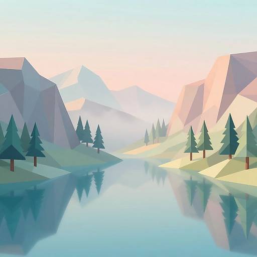 Geometric digital artwork of a serene mountain landscape with reflective blue river, evergreen trees, and pastel-colored mountains under a soft sunrise.