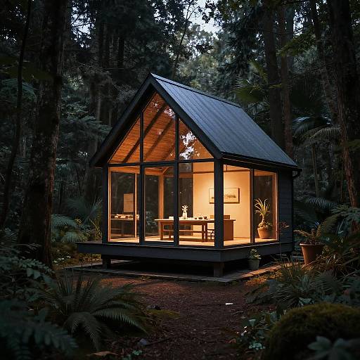 Cinematic Night Glass House in Forest