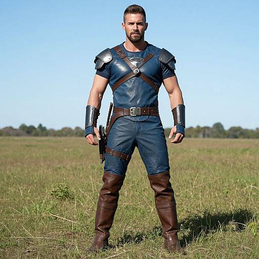 Photograph of a muscular bearded man in medieval armor, standing in a grassy field, wearing leather pants and boots, under a clear blue sky