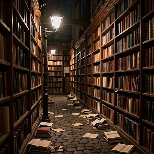 Photograph of a dimly lit, narrow library aisle with tall wooden bookshelves on both sides, scattered books on a cobblestone floor,