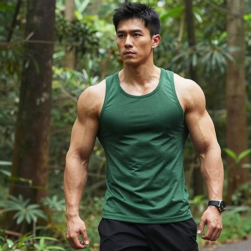 Athletic Man in Lush Forest Setting