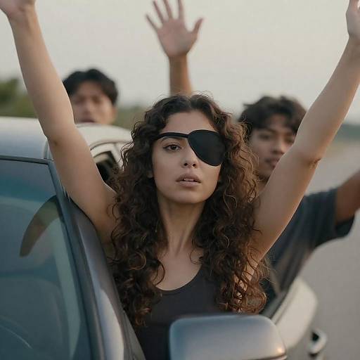 Photograph of a curly-haired woman with an eyepatch, arms raised, sitting in a car window, with two men in the background.