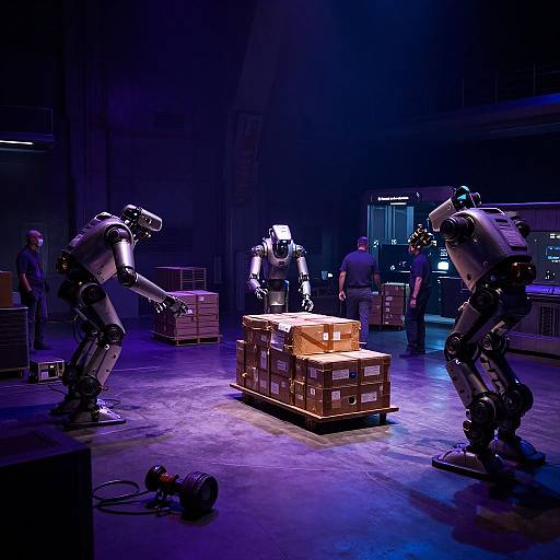 Photograph of two robotic arms in a dimly lit warehouse, lifting cardboard boxes onto a central stack, with additional humans and machinery in the background.