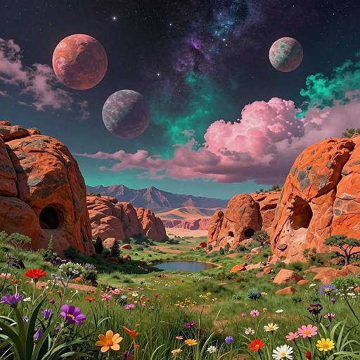 Digital art: Vibrant, surreal landscape with colorful flowers, rocky terrain, and three large, moon-like planets in a starry, galaxy-filled sky