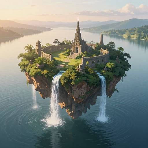 Digital artwork of a floating island with a medieval abbey, lush greenery, cascading waterfalls, and a serene lake at sunset.