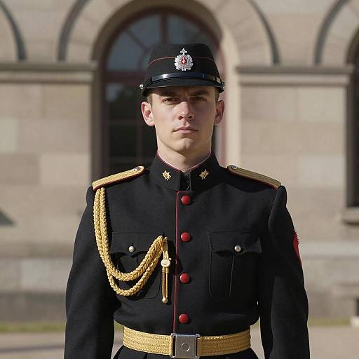 Photograph of a young white male soldier in a black military uniform with gold epaulettes, red buttons, and a black cap, standing in
