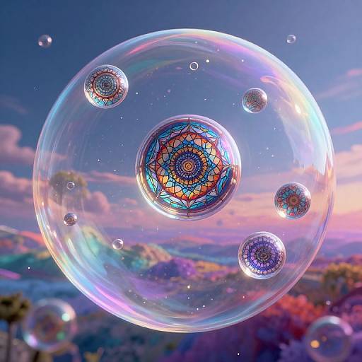 Photograph of a large, iridescent bubble with four smaller bubbles, featuring intricate, colorful mandala patterns, against a vibrant, sunset sky and
