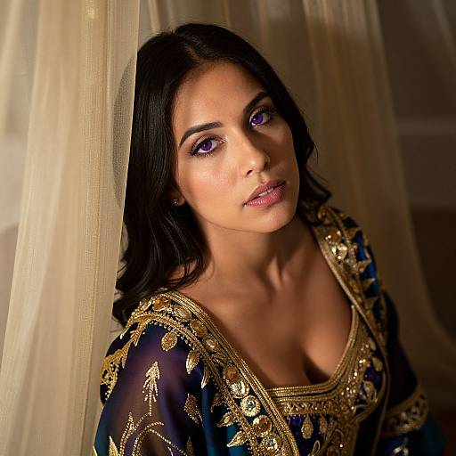 Photograph of a beautiful South Asian woman with long black hair, purple eyes, and fair skin, wearing an ornate, gold-embroidered