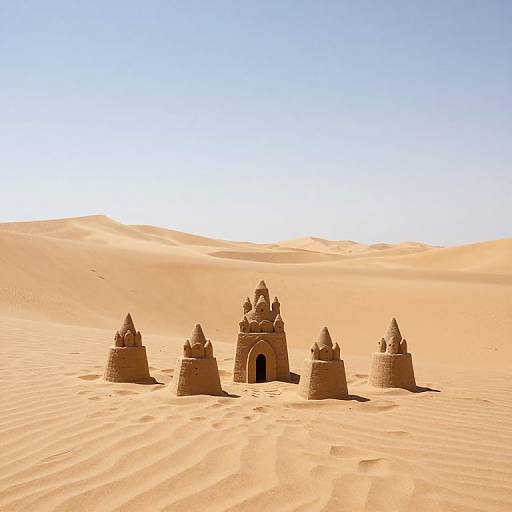 Photograph of five sandcastle towers in a vast, sunlit desert with rippled sand and clear blue sky. Central tower has an arched entrance