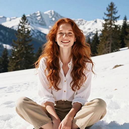 Photograph of a smiling red-haired woman with long wavy hair, wearing a white blouse and beige pants, sitting in snowy mountains with pine trees and
