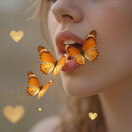 Close-up photograph of a woman's lips with three glowing orange butterflies with black spots, surrounded by sparkling heart shapes.