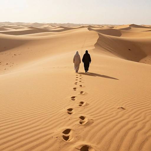 Two silhouetted figures in traditional robes walk through a sunlit, sand-dune desert, leaving a trail of footprints behind.