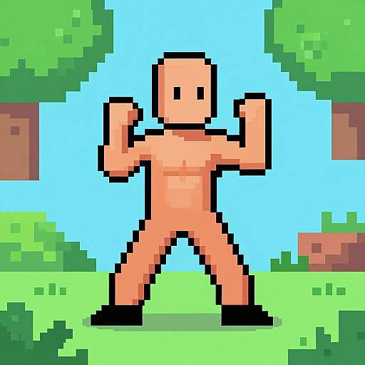 Pixel art of a bald, nude, muscular figure flexing in a bright, cartoonish outdoor scene with trees and a blue sky.