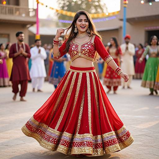 Photograph of a smiling Indian woman in a red and gold traditional lehenga choli, dancing in a festive outdoor market with blurred colorful background and people