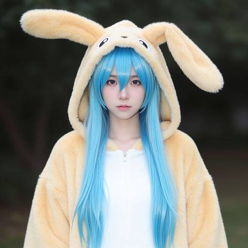 Photograph of a young person with long blue hair, wearing a fluffy yellow bunny hooded jacket, standing in a dark forest.