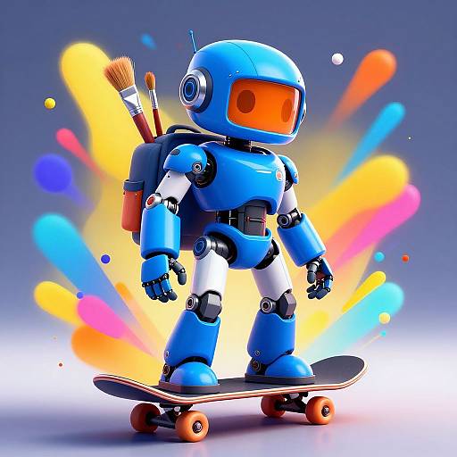 CGI image of a blue, helmeted robot with orange visor, carrying paintbrushes, skateboarding, set against a colorful, abstract background