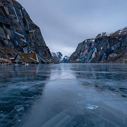 Photograph of a serene, icy fjord flanked by towering, graffiti-covered rock cliffs under a cloudy, blue-gray sky. Reflections shimmer on