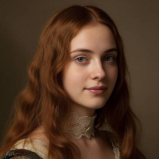 Photograph of a young woman with fair skin, blue eyes, and long auburn hair, wearing a lace choker and dark top, against
