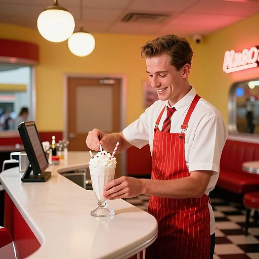 Photograph of a smiling male server with short brown hair, wearing a red pinstripe apron over a white shirt, serving a milkshake in