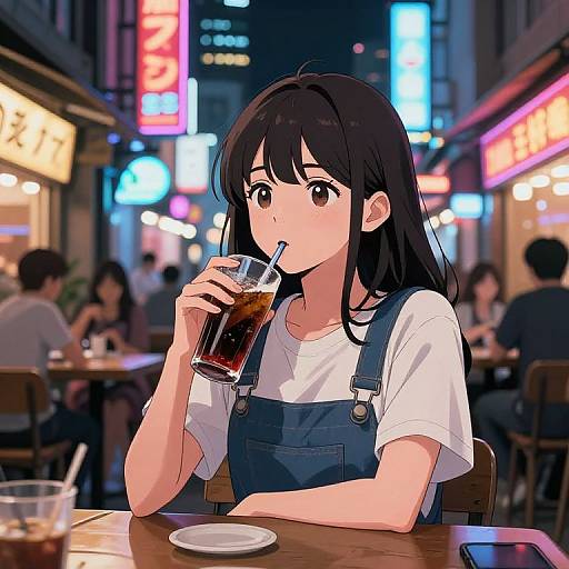 Anime Girl at Neon-lit Urban Cafe