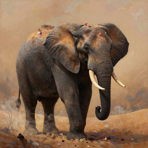 Photograph of a large African elephant with dark gray, textured skin, white tusks, and red markings on its head, standing in a dusty,