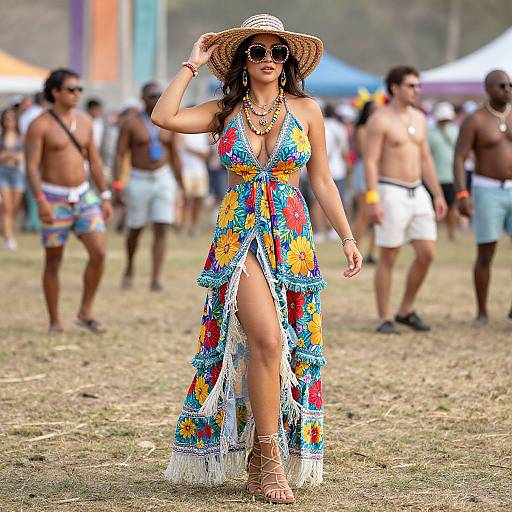 Photograph of a confident woman in a vibrant, floral, halter dress with fringe, large sunhat, and sunglasses, walking at a beach festival