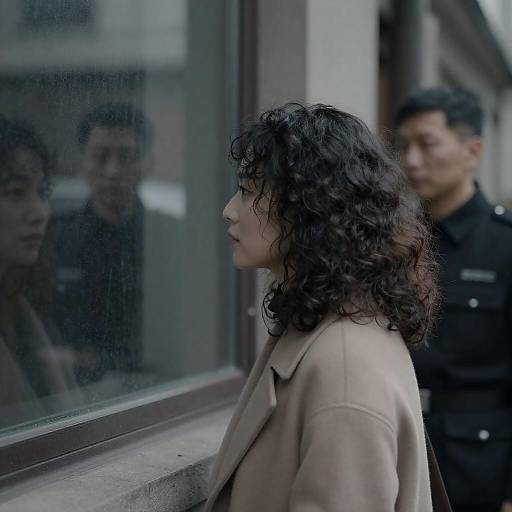 Woman Looking Through Dirty Window with Guard Outside