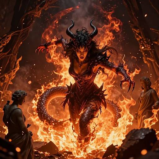 Digital artwork of a fierce, demon-like woman with horns, scales, and flames surrounding her, commanding two stone statues in a fiery, dark landscape.