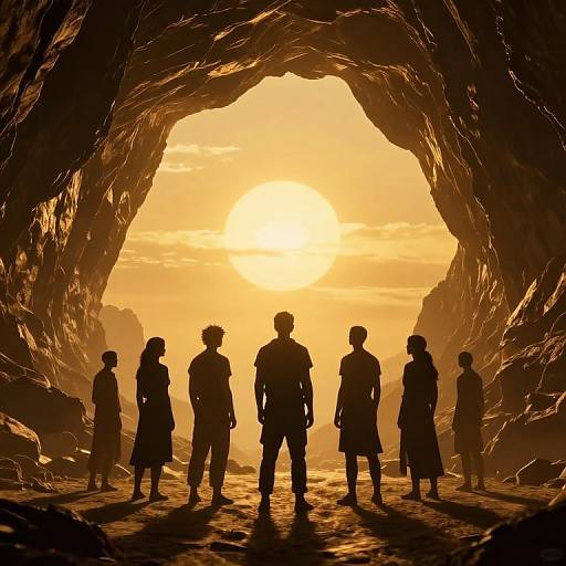 Silhouetted group stands in rocky cave entrance at sunset, backlit by glowing orange sky, shadows cast on rocky floor. Digital art.