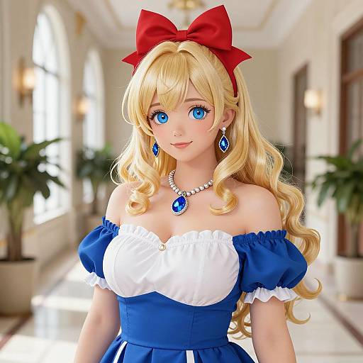 Digital anime-style artwork of a blonde girl with blue eyes, wearing a red bow, blue and white off-shoulder dress, and blue diamond jewelry