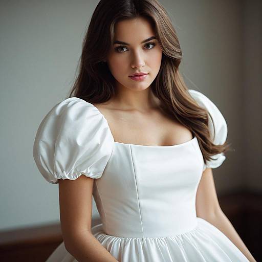 Young Woman in White Puffy Sleeve Princess Dress