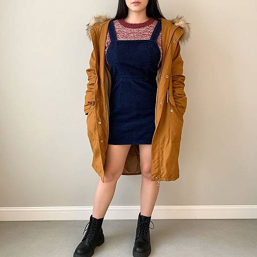 Photograph of an Asian woman with long black hair, wearing a brown coat with fur trim, black lace top, and black dress, standing against a