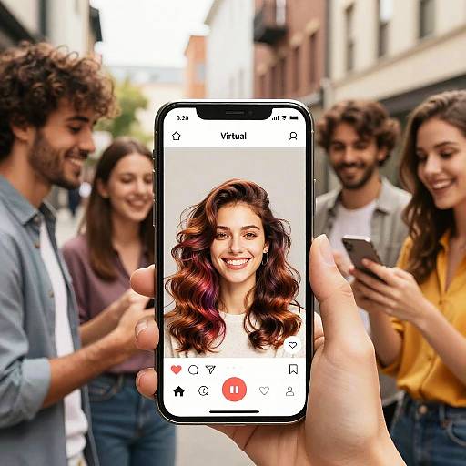Photograph: Hand holding smartphone with smiling woman's selfie in foreground, blurred background of laughing diverse group in urban street.