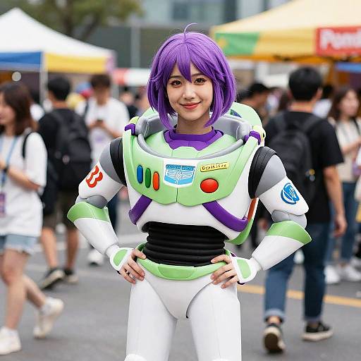 Asian woman with purple bob haircut, wearing a colorful Buzz Lightyear cosplay, smiling confidently in a busy outdoor event. Photorealistic CGI.