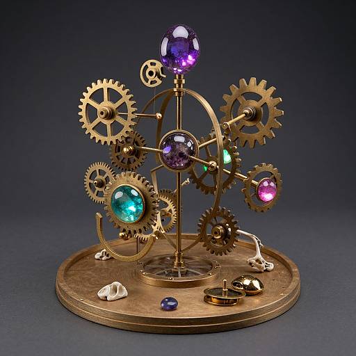 Photograph of a brass mechanical sculpture with purple, blue, and green gemstones, surrounded by interconnected gears, set on a circular base.