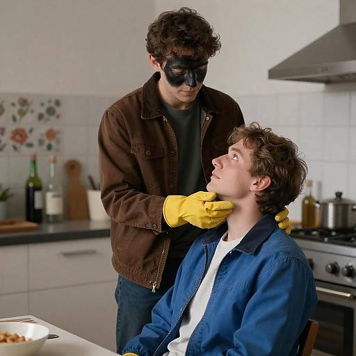 Intimate Moment in a Tiled Kitchen